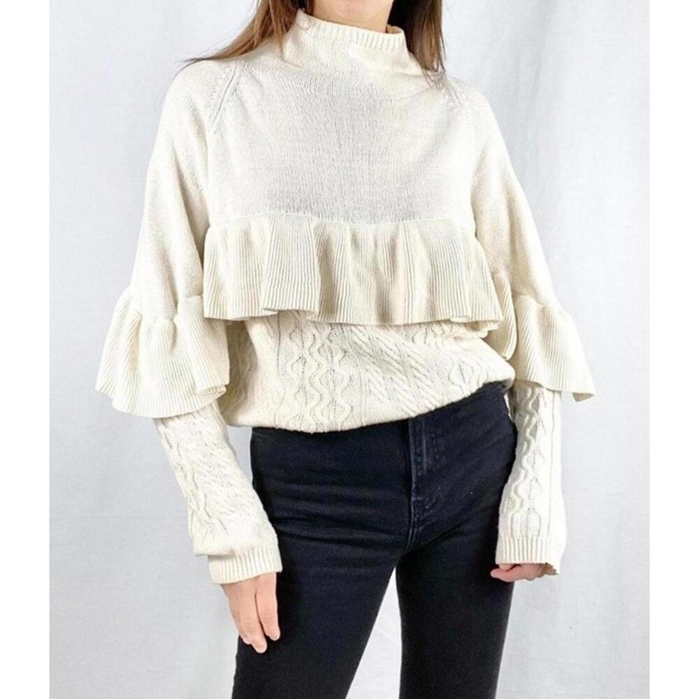 Project Naadam Mock Neck Ruffle Cable Knit Sweater XS‎ Ivory Old Money Romantic